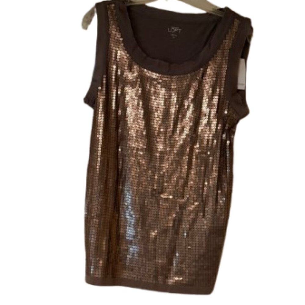 Loft Taupe Sleeveless Sequin Front Blouse - Medium
